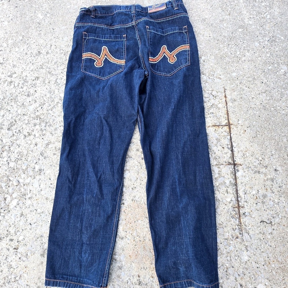 Evolution in Design Jeans Mens 40x34 Blue Embroidered Pockets Baggy Wide Leg